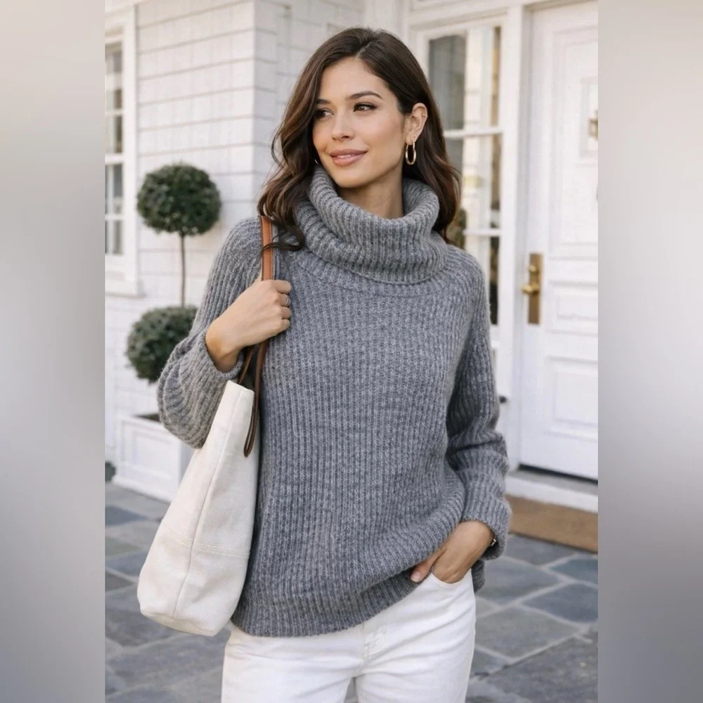 J Crew Point Sur Womens Gray Chunky Turtleneck Sweater XS Mohair Wool Ribb Knit